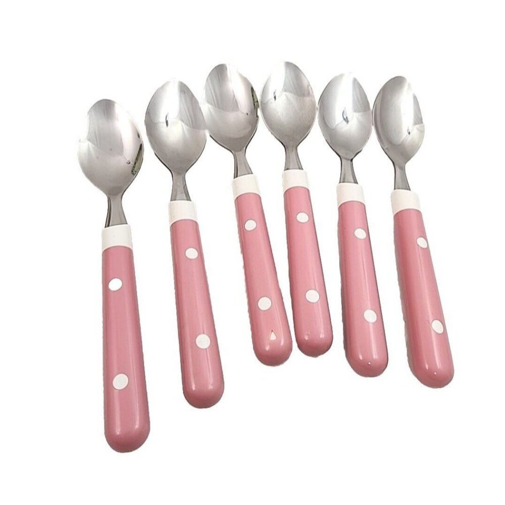 6 Faceted Barbie Pink White Dots Lucite Soup Dessert Spoons Stainless Taiwan